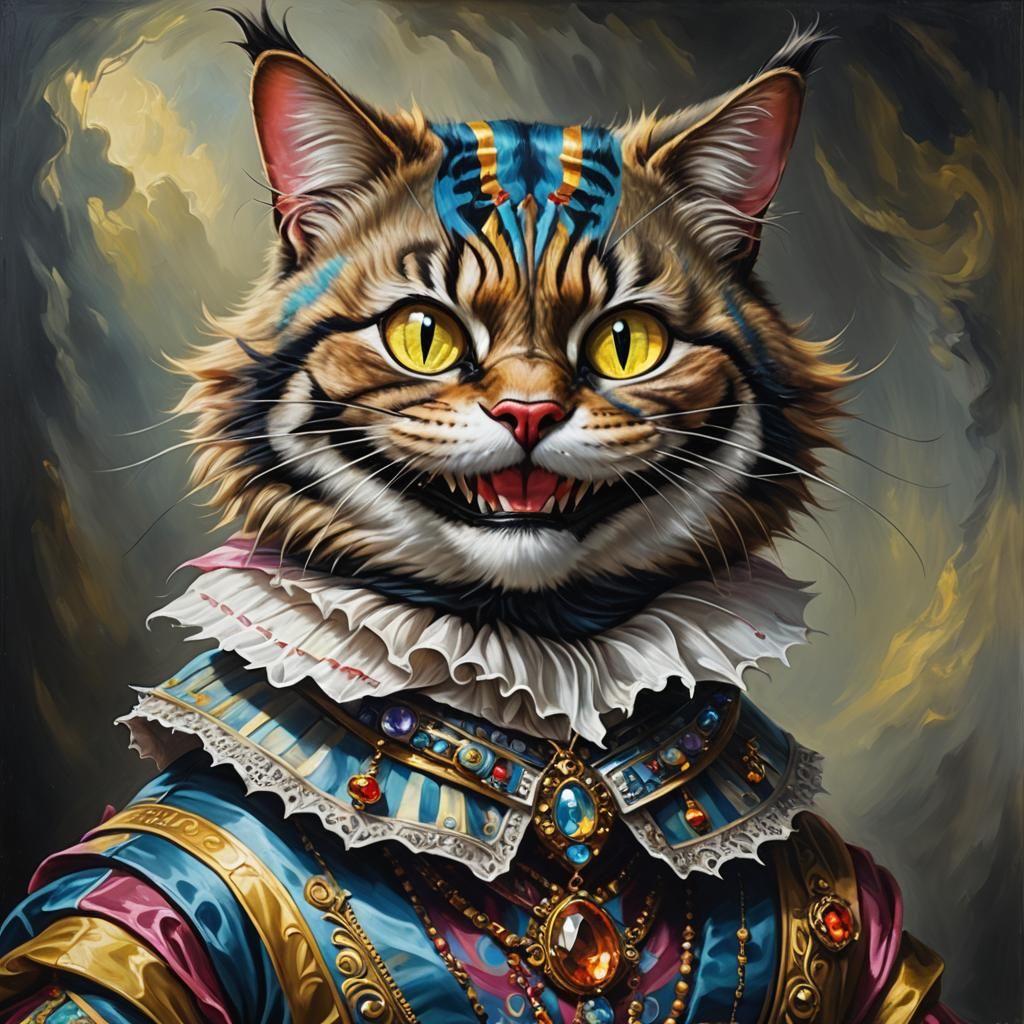 Hyperrealistic Cheshire Cat with Futuristic Jewelry, Oil Pai...