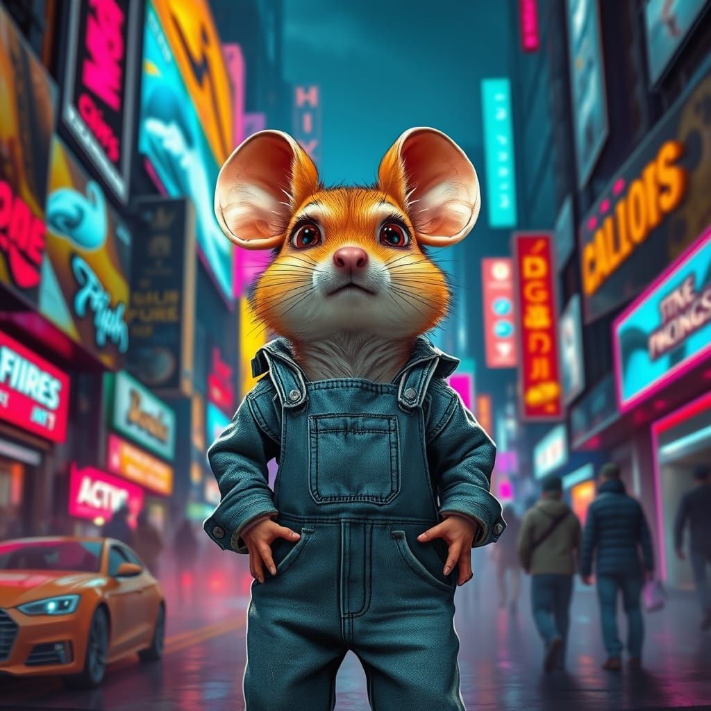 Mouse in Cyberpunk Cityscape: Neon Wonder