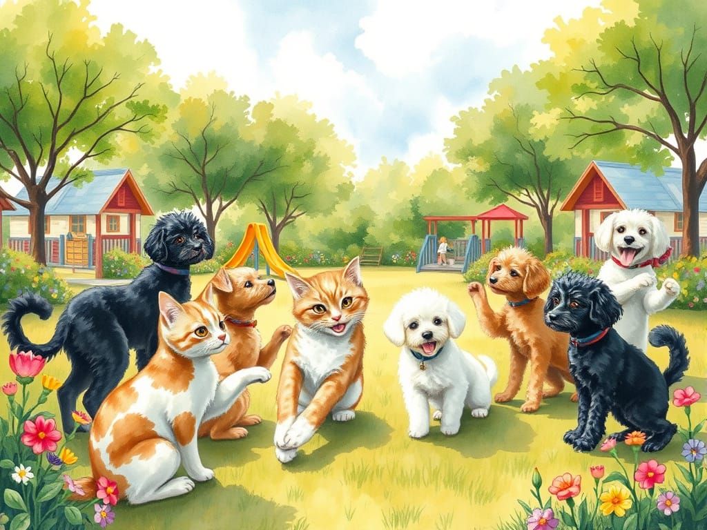Cats and Poodles Playing on Sunny Playground