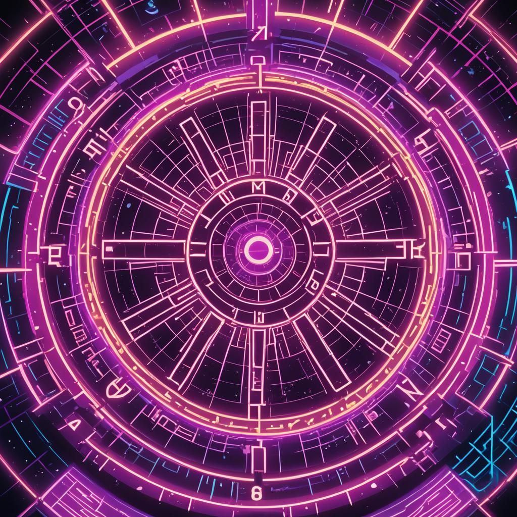 Neon Wheel of Fortune Tarot Card in Synthwave Style
