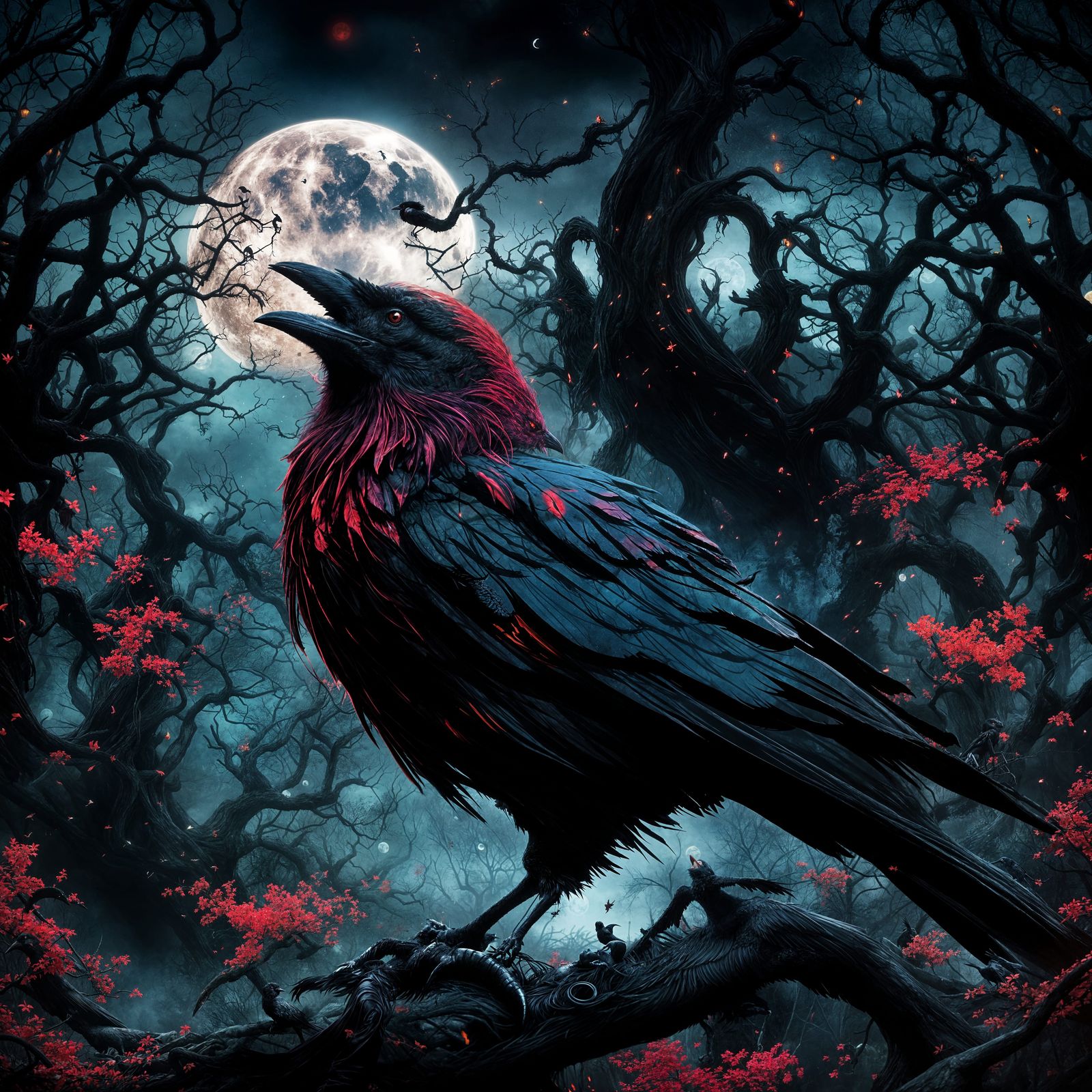 Sinister Crows Under Crimson Moonlight