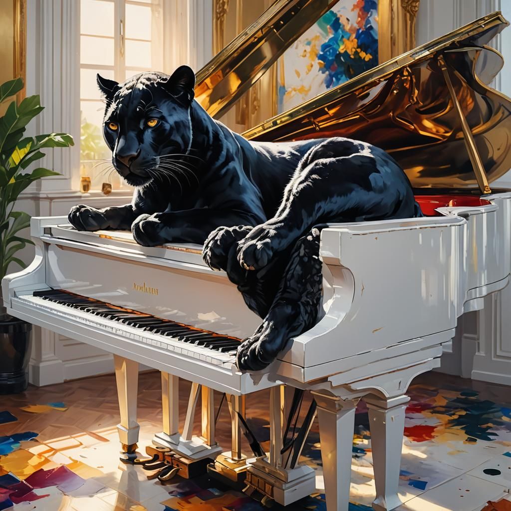 Black Panther on Piano: Vibrant Oil Painting