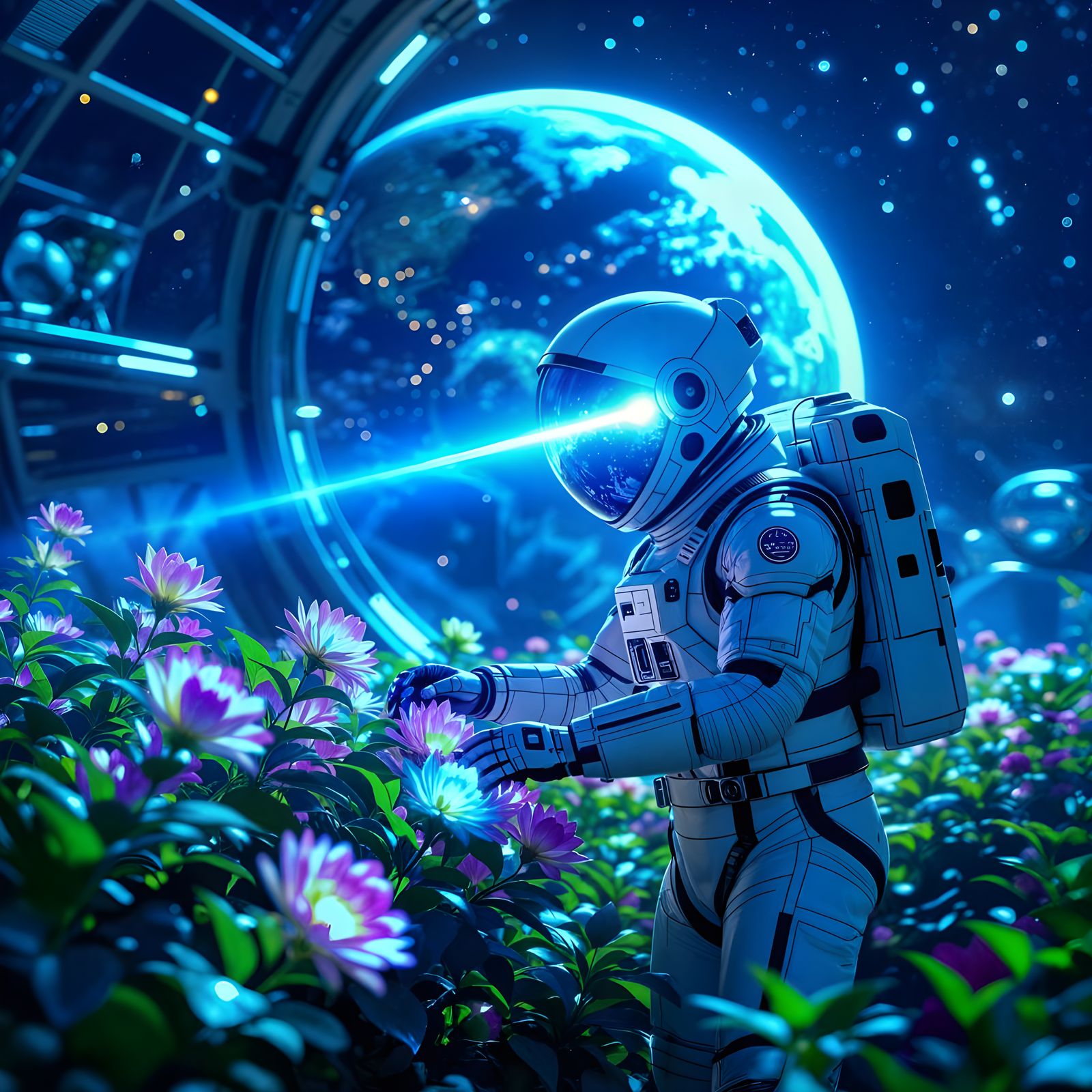 Astronaut Tends Alien Biodome on Distant Planet