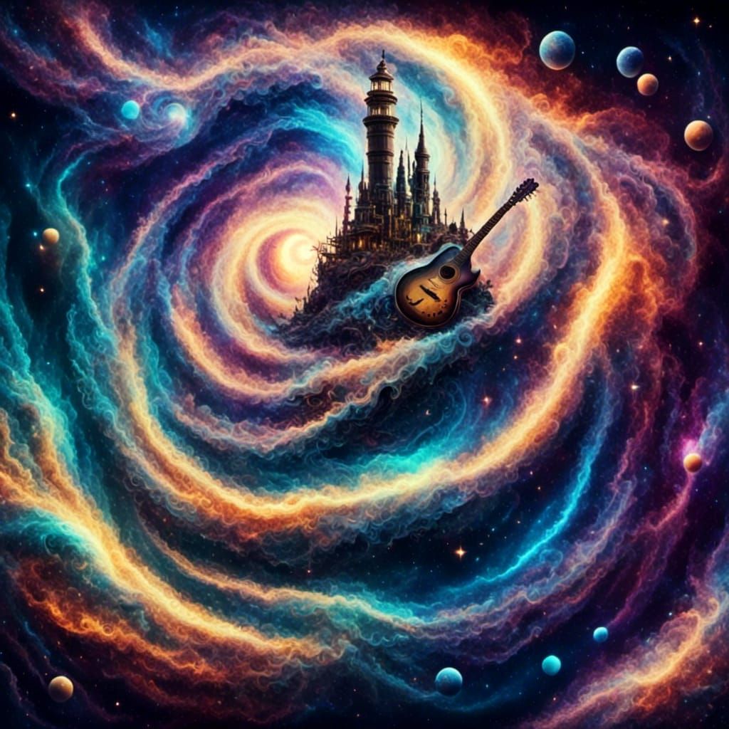 Lighthouse Planet with Guitar Vessels, Hyperrealistic Art