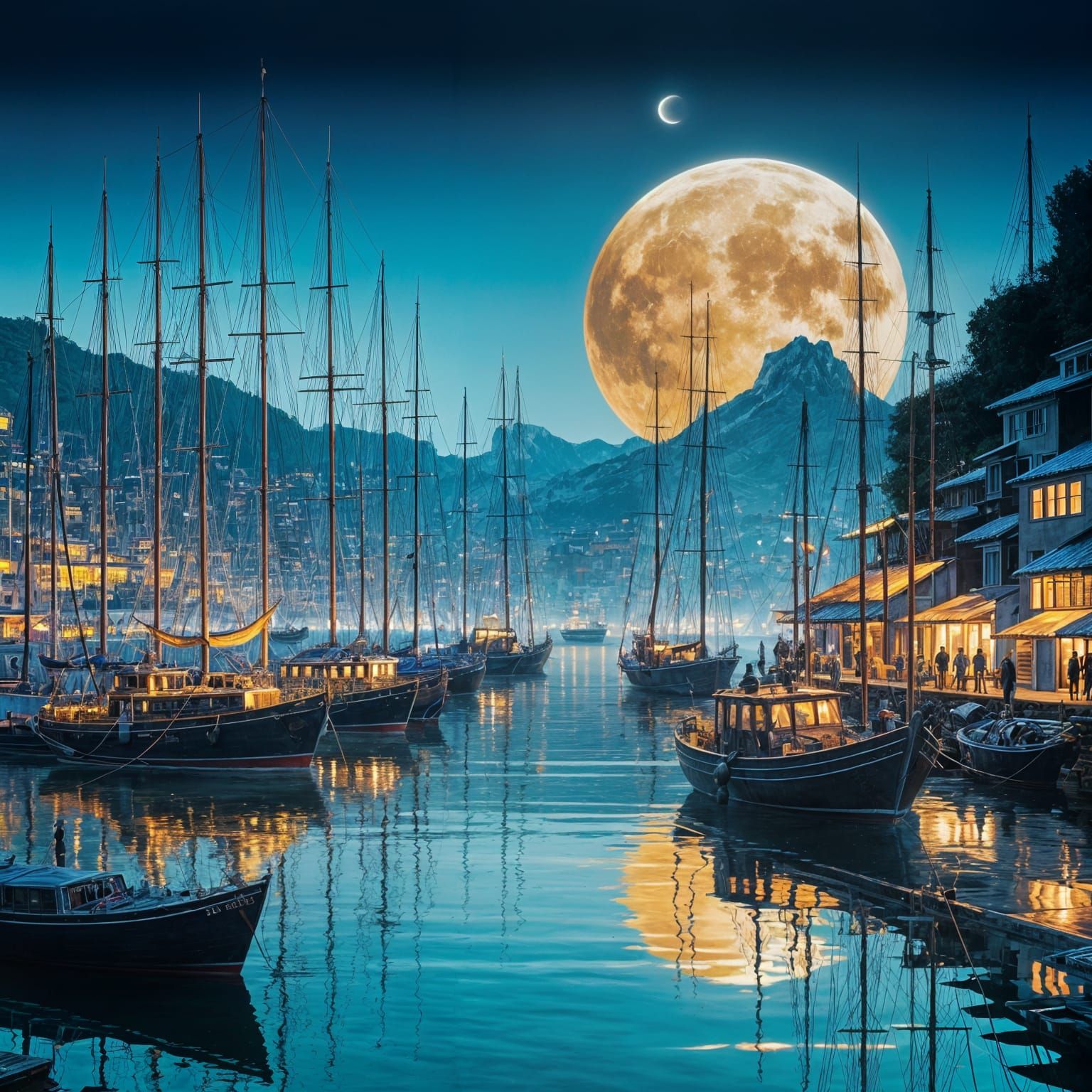 Minimalist Fantasy Harbor at Moonrise in Blue and Gold