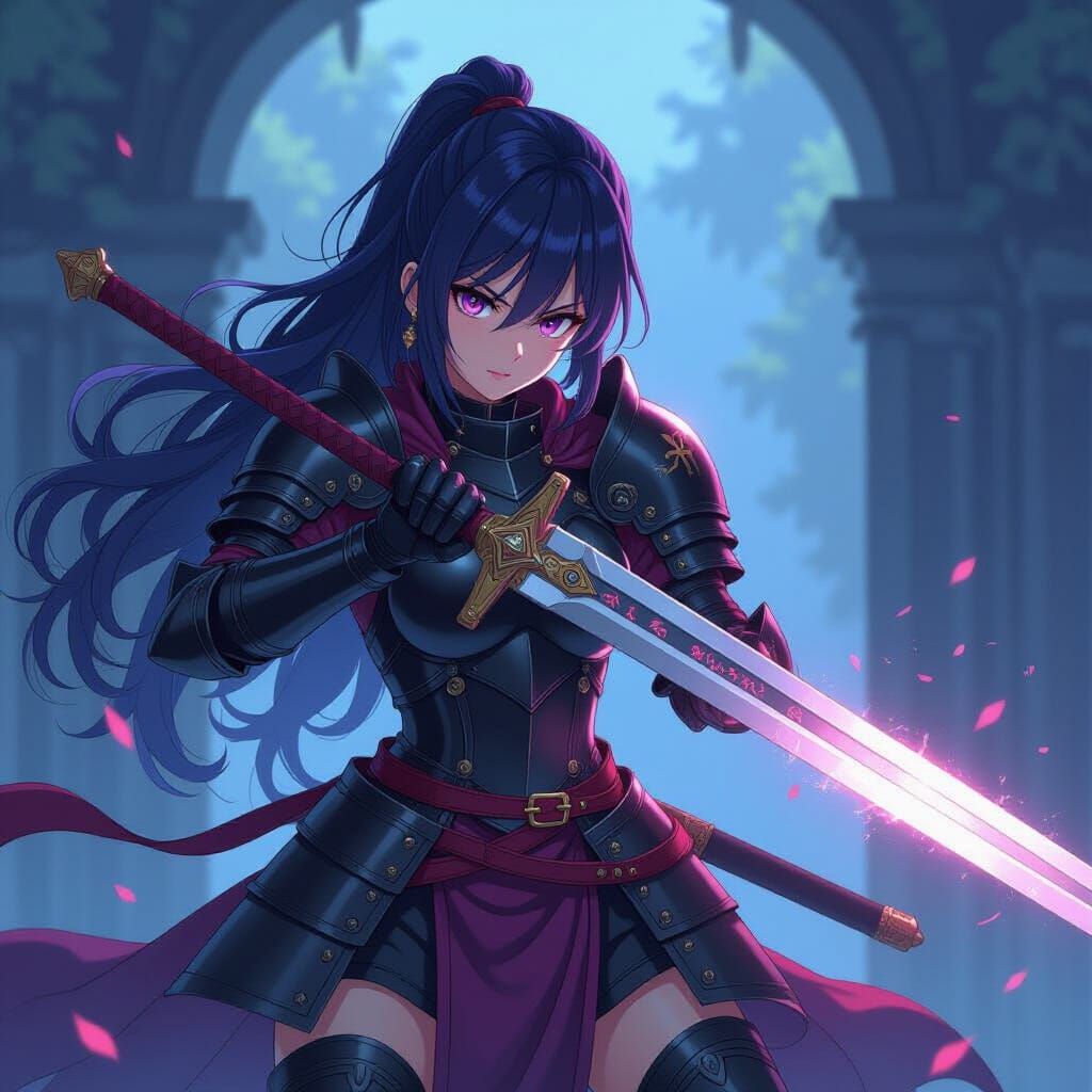 Anime Black Knight Girl with Sword in Manga Style