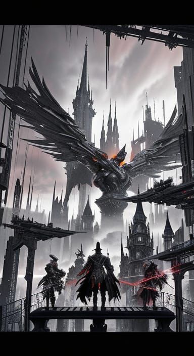 Cyberpunk Fantasy Cityscape with Gothic Elements