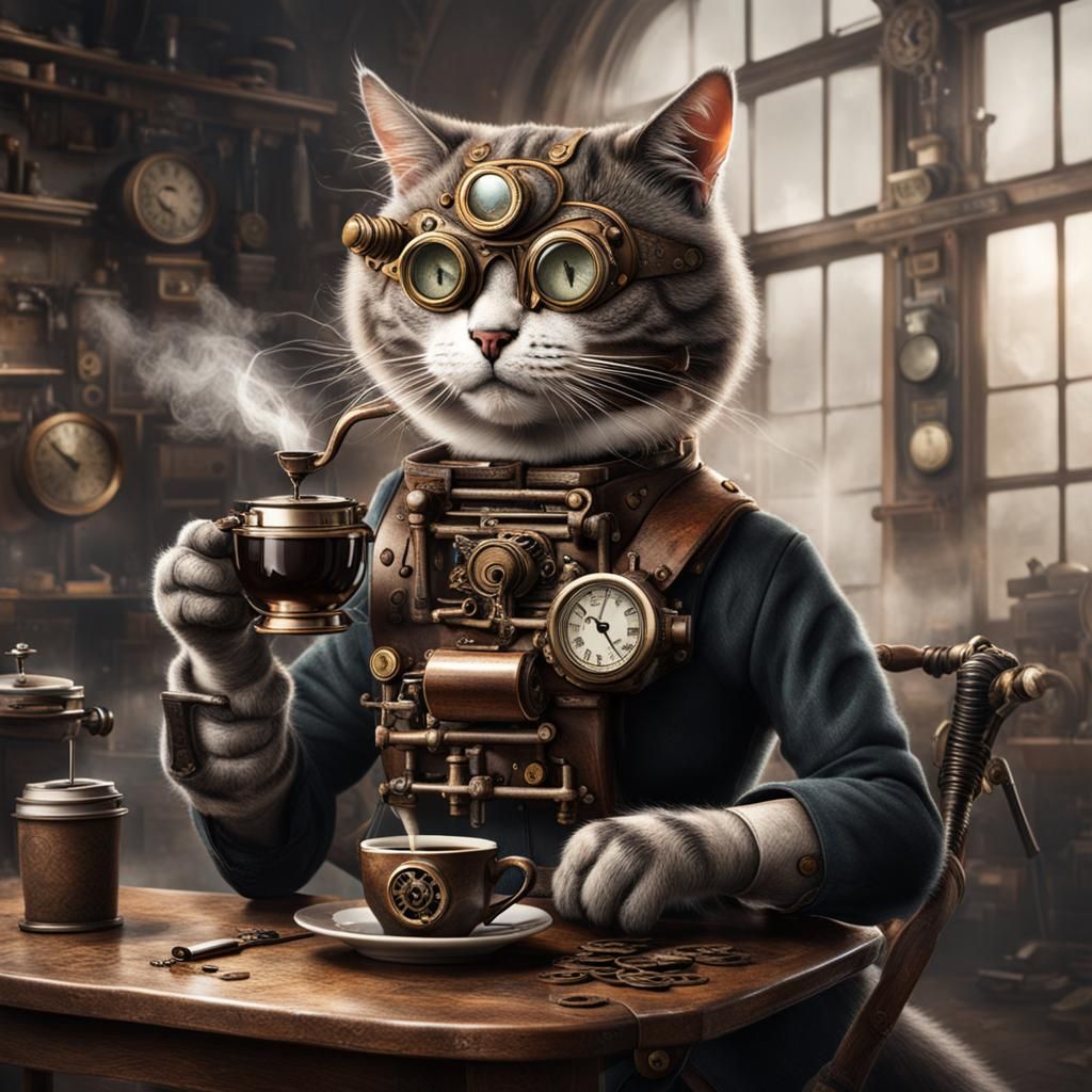 Steampunk Cat Sipping Coffee