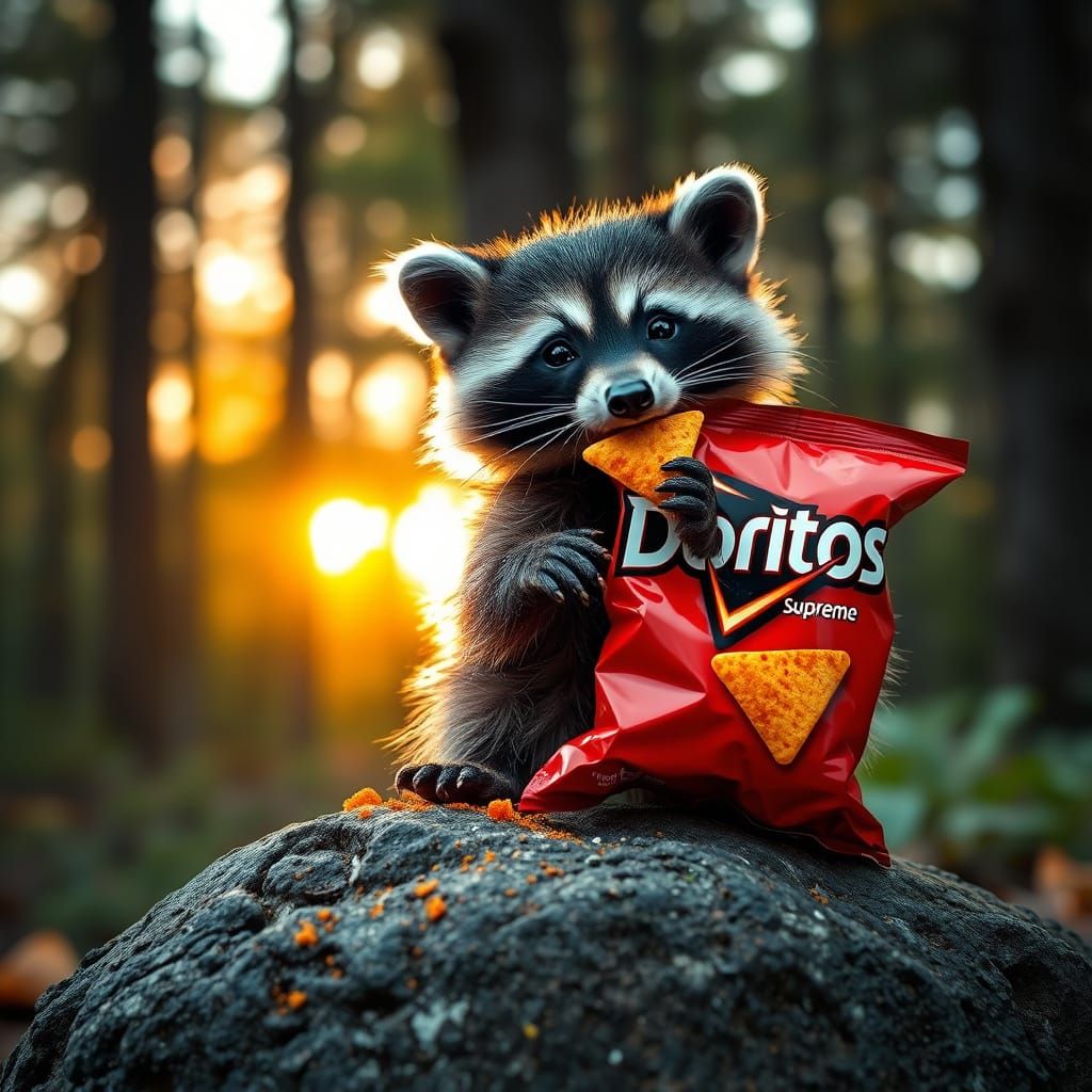 Raccoon Finds Doritos in Forest at Sunrise