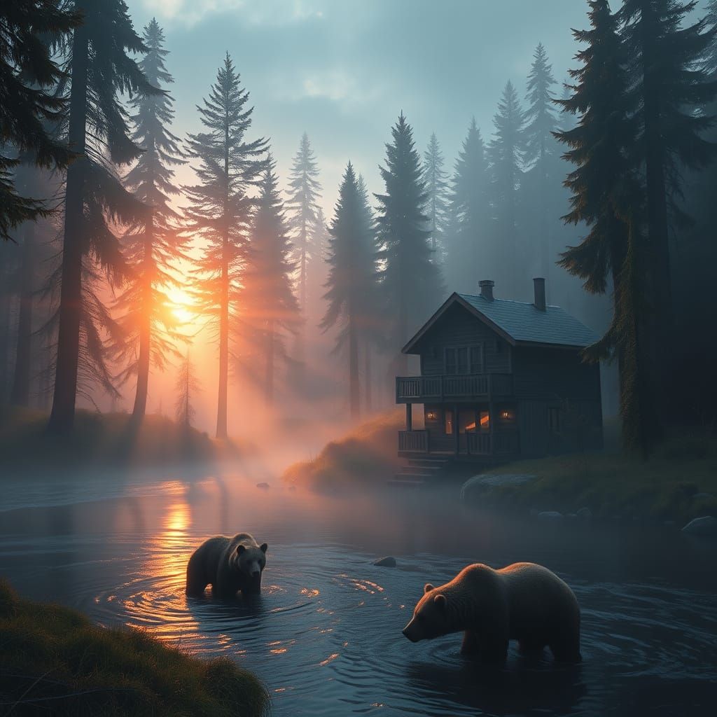 Surreal Sunrise Illuminates Misty Cabin in Whimsical Forest ...