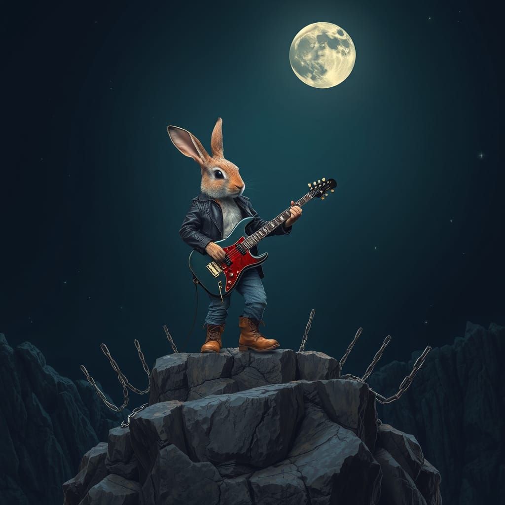 Rockstar Rabbit Plays Electric Guitar Under Moonlit Night Sk...