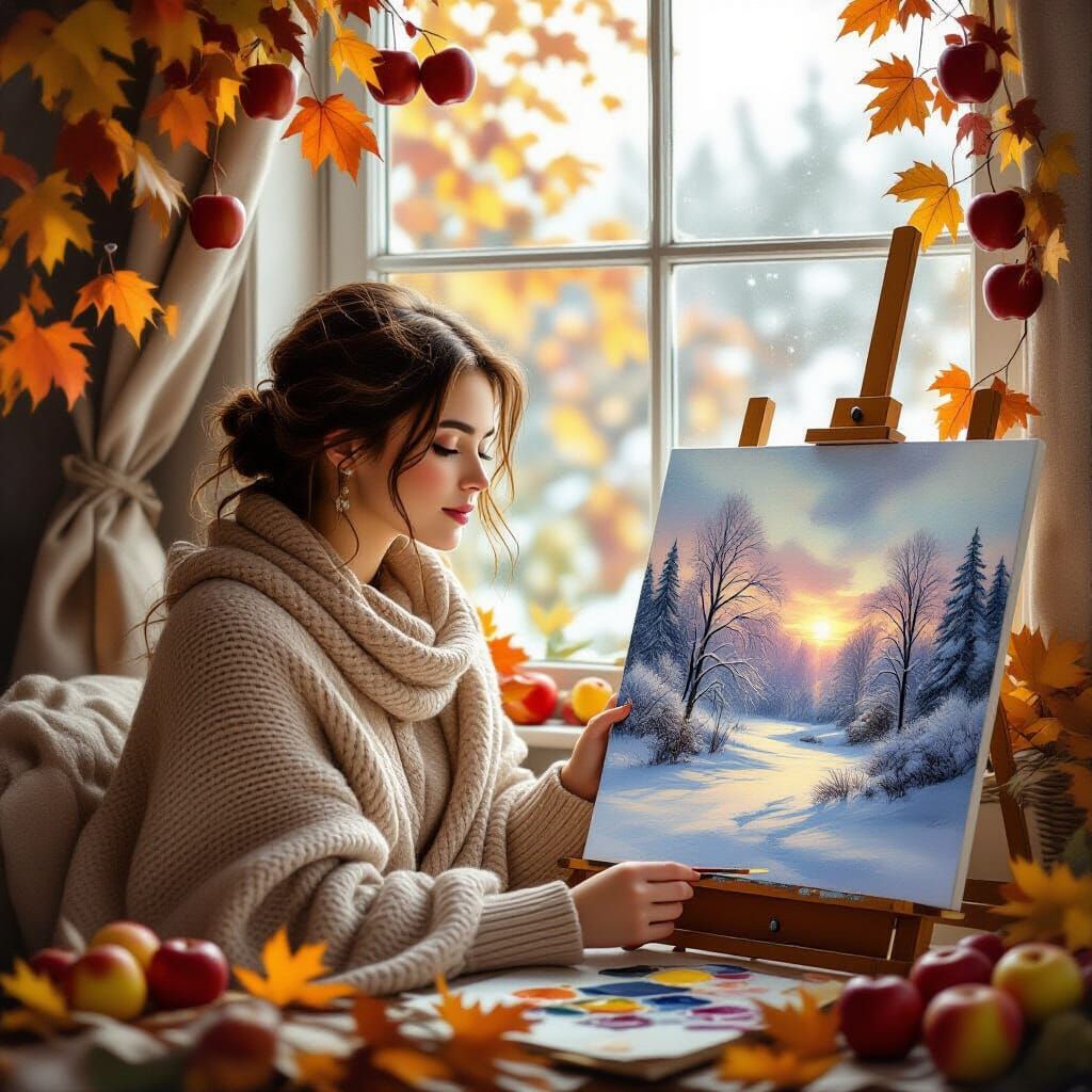 Woman by Autumn Window with Winter Painting, Delicate Style
