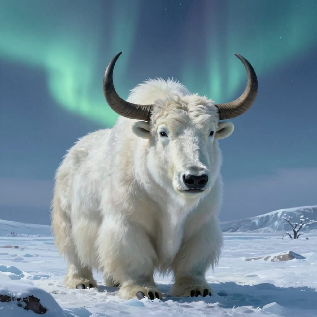 Polar Bear Yak Hybrid in Aurora Borealis Tundra