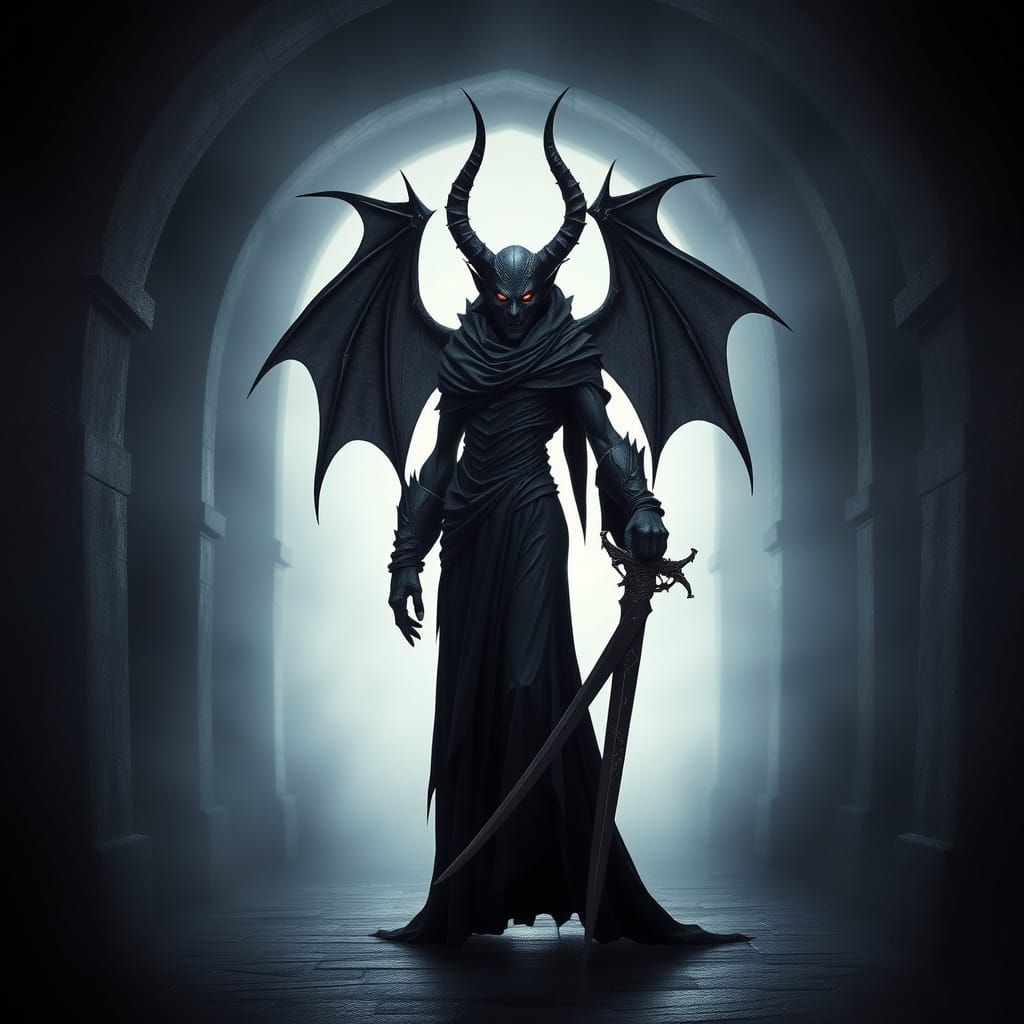 Ominous Demon Figure in Shadowy Archway