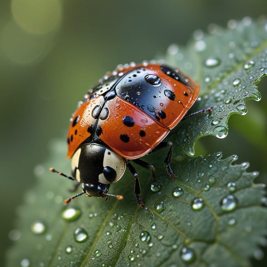 Vibrant Ladybug on Dewy Leaf in Morning Light