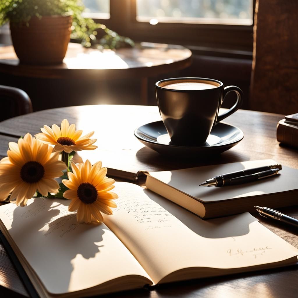Writing in Leather Journal with Coffee and Flowers