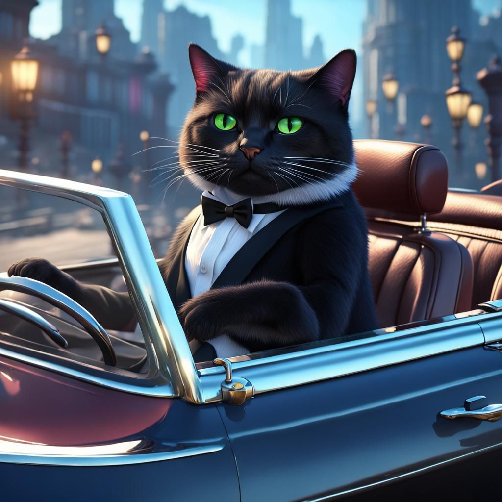 Tuxedo Cat Drives a Convertible, Detailed Digital Art