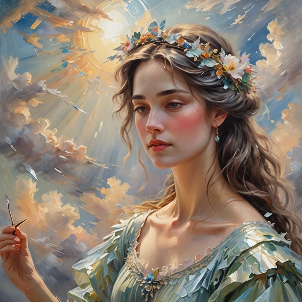 Ethereal Lady with Broken Mirror: Oil Painting