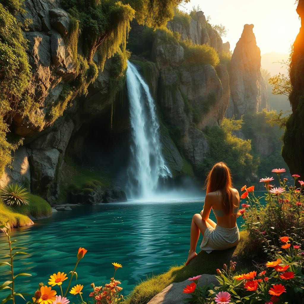 Hidden Waterfall in Serene Landscape with Lush Foliage and V...