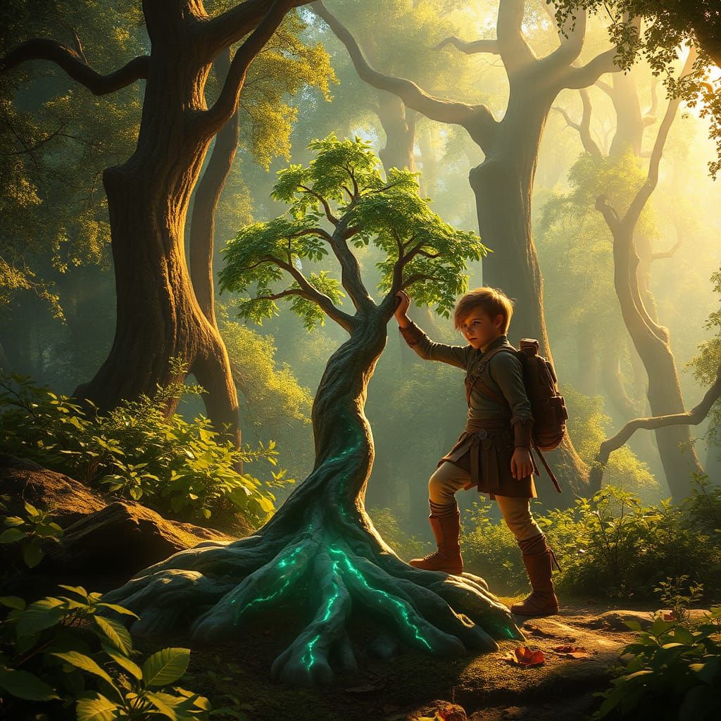 Young Adventurer Extracts Glowing Tree in Mystical Forest