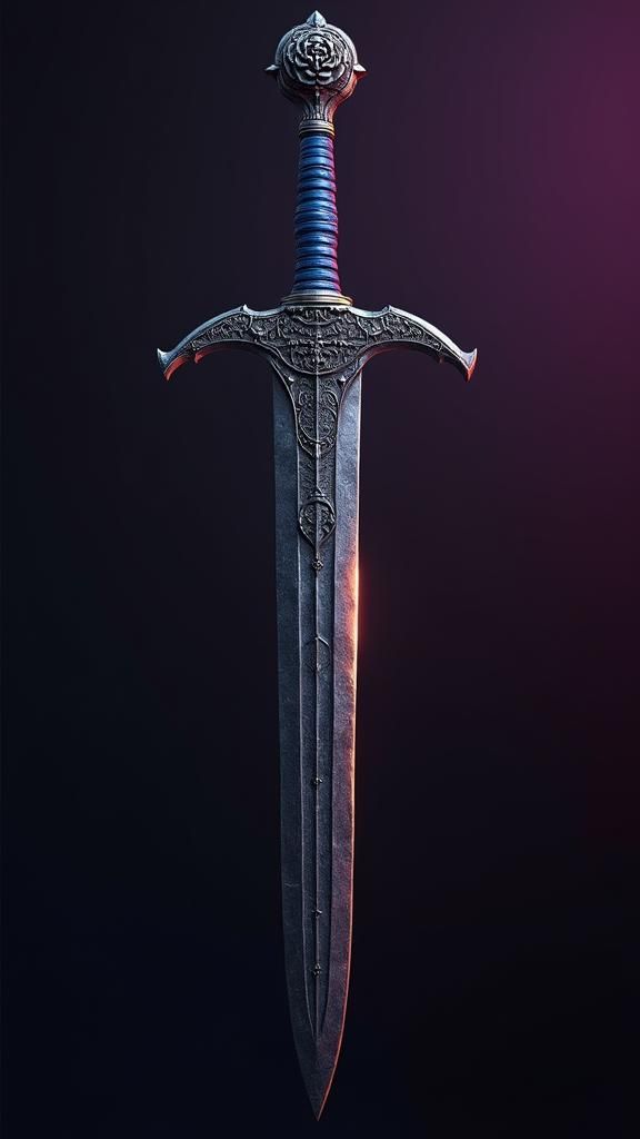 Damascus Steel Sword with Rose Pommel in Dark Fantasy Style