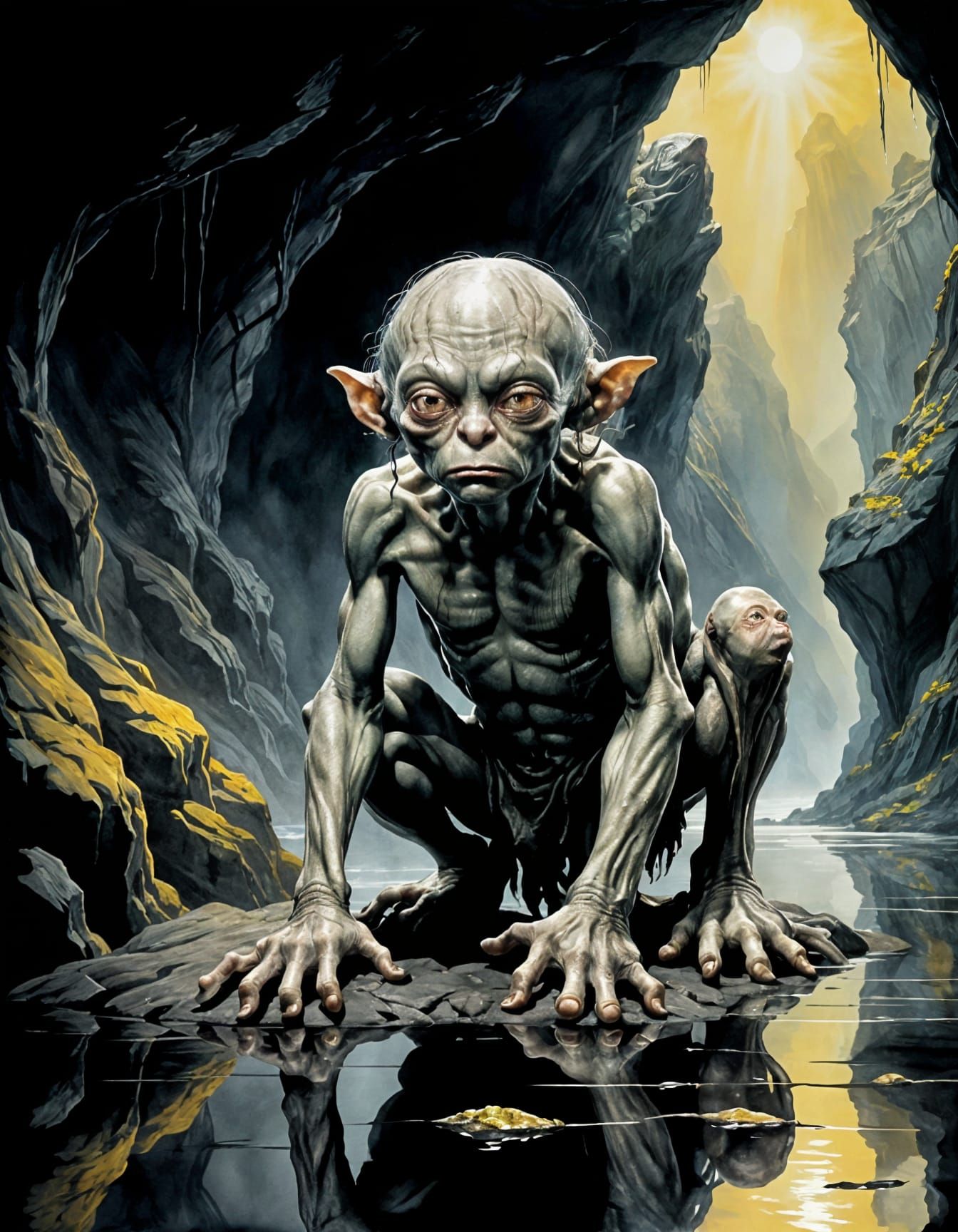 Gollum Crouching in Misty Mountain Caves, Chiaroscuro Waterc...