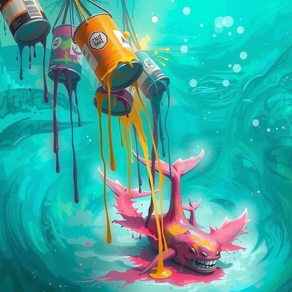 Whale in Dreamlike Scene with Hovering Paint Cans
