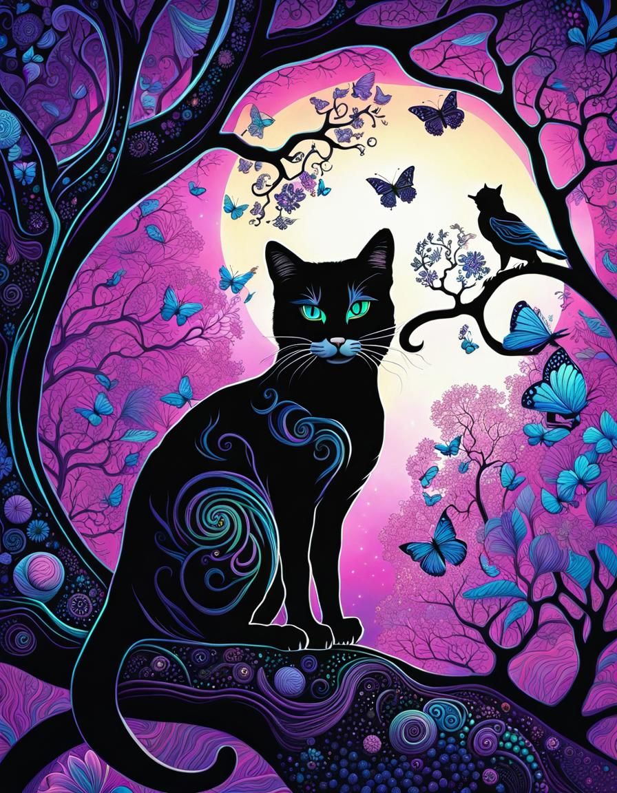 Mystical Cat in Tree: Black Light Marker Art