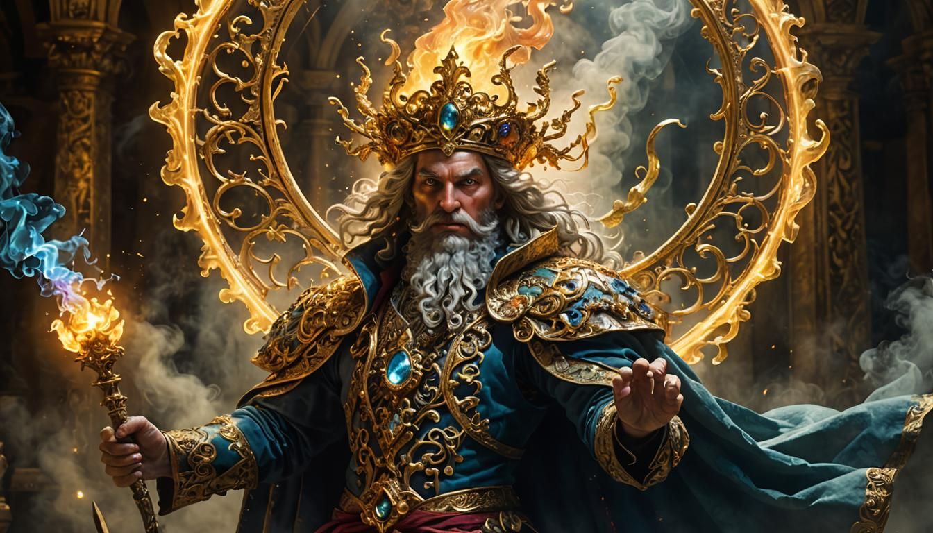 Ornate Sorcerer Wielding Chromatic Staff in Baroque Style