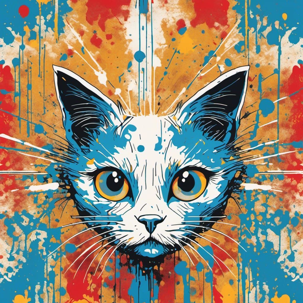 Symmetrical White Cat with Blue Target in Pop Art