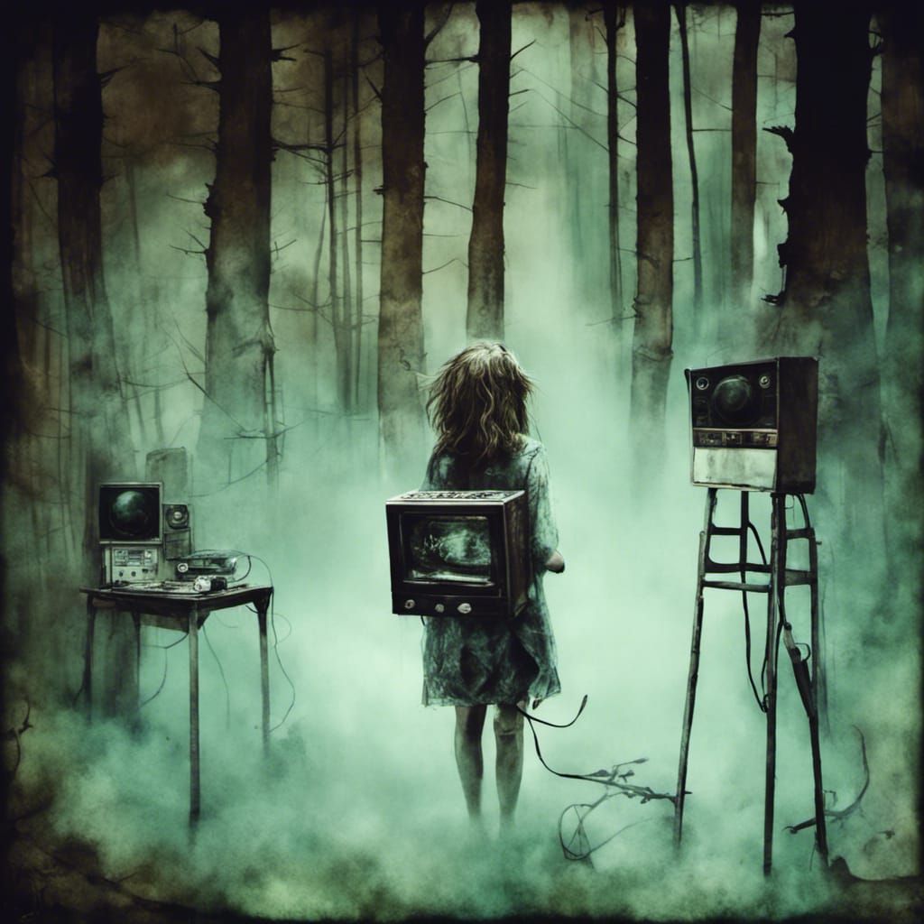 Surreal Wilderness Scene with Scattered Electronics