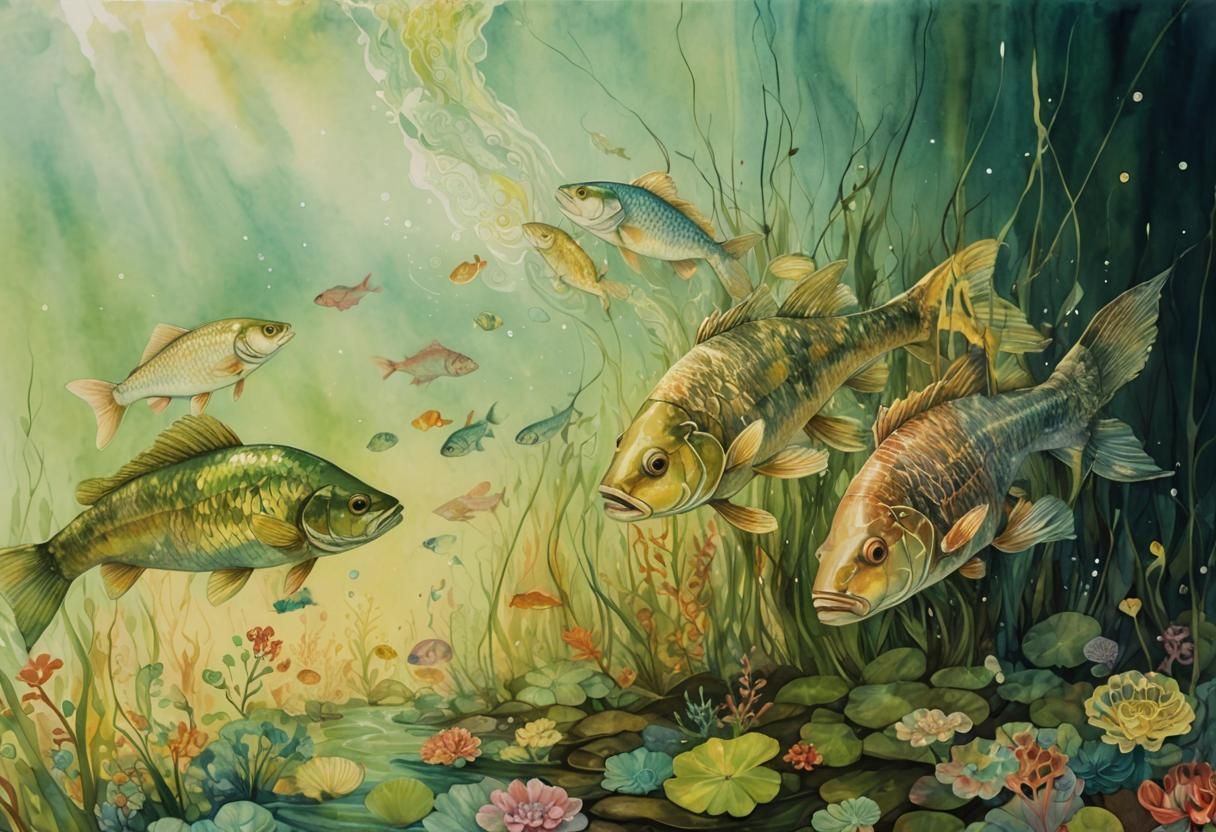 Dreamlike River Bottom Fish in Watercolor
