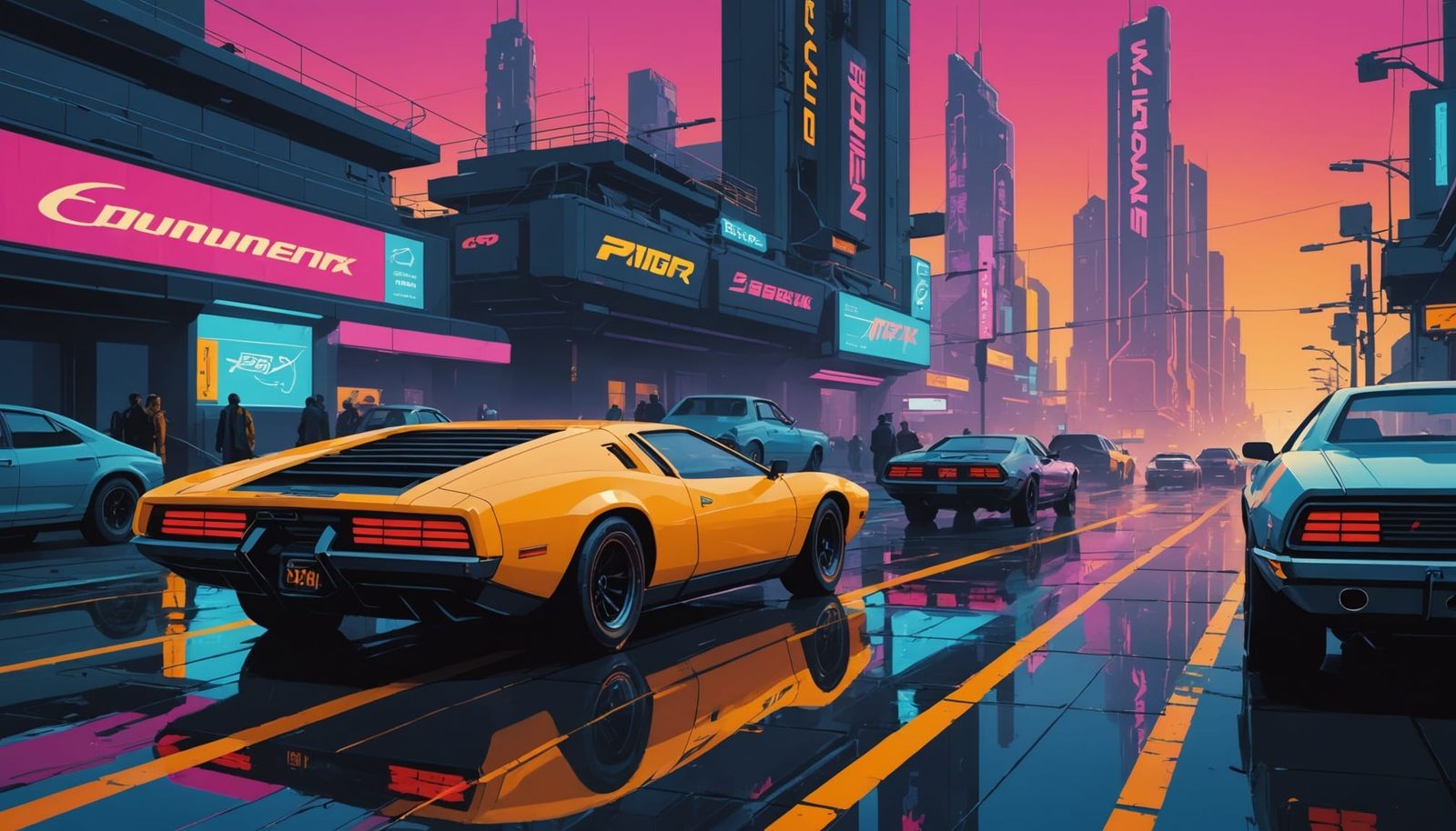 Retro Futuristic Coastal Cityscape in Neon Glory