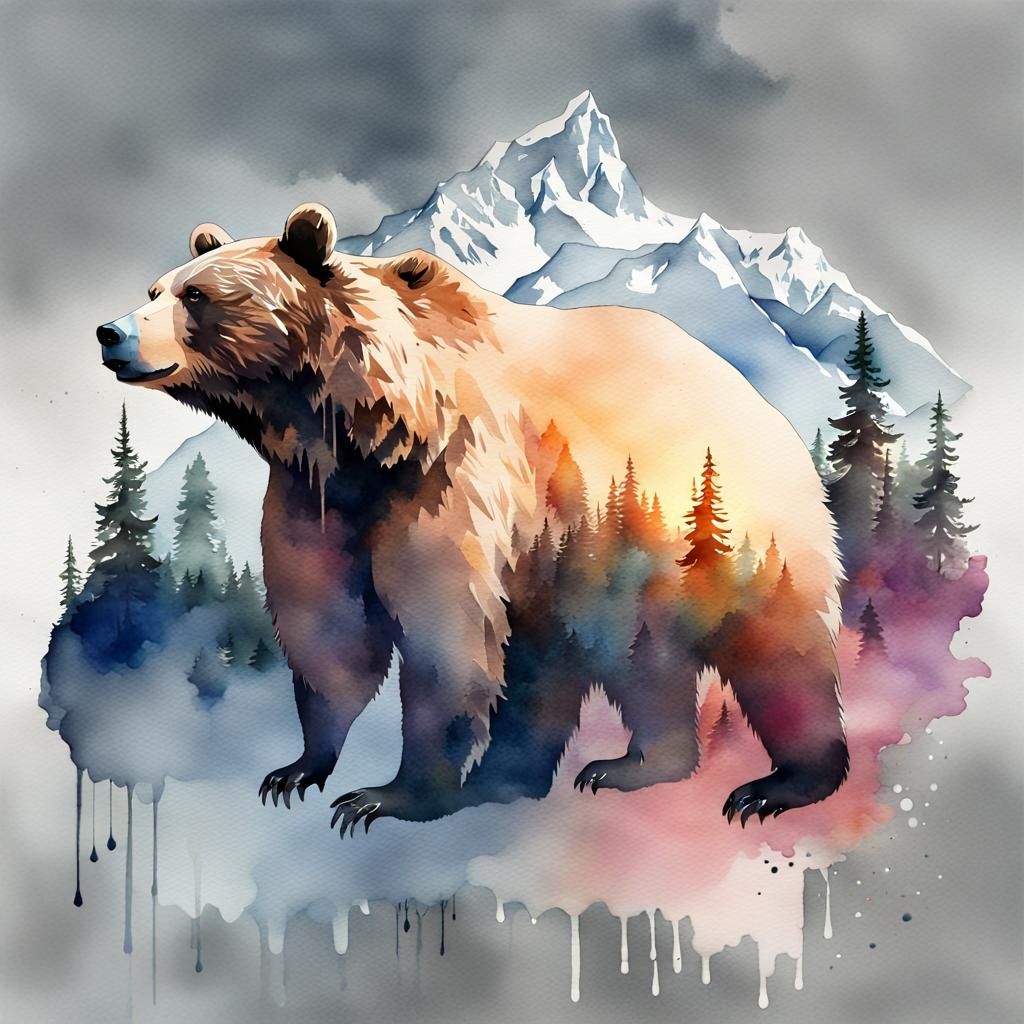Watercolor Bear and Mountains Double Exposure