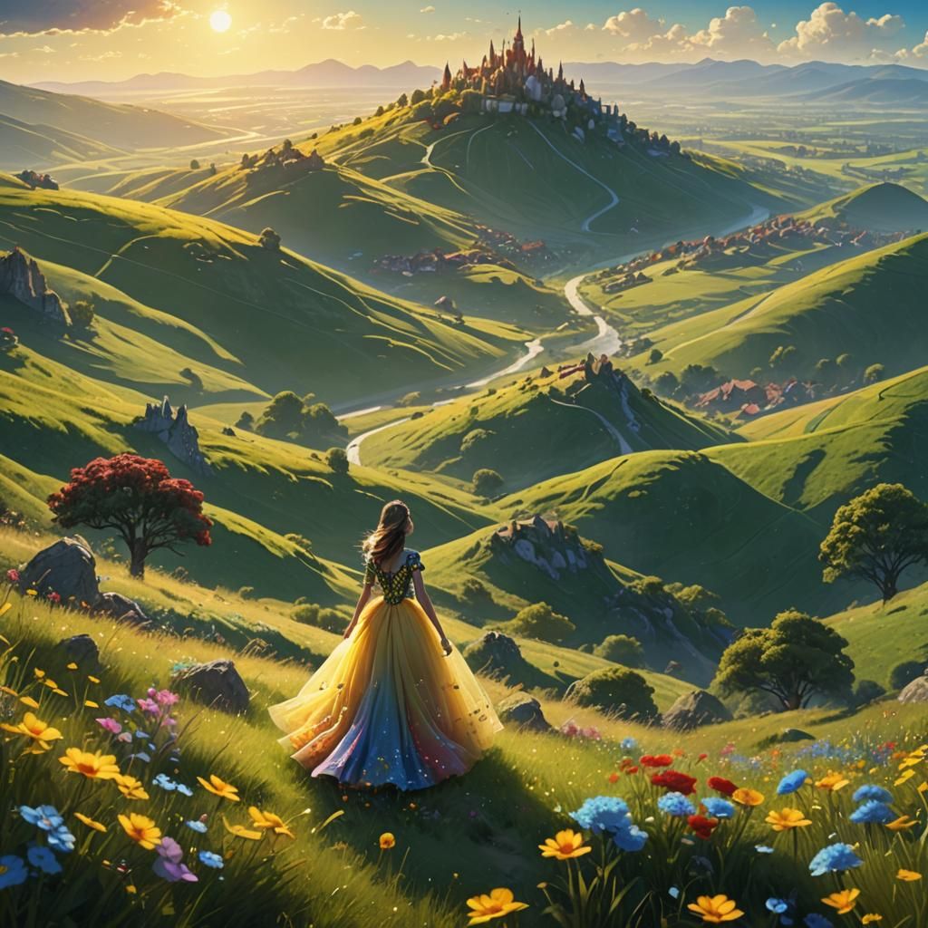 Woman in Tulle Dress on Sunny Hillside