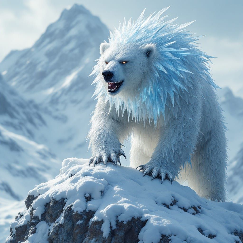 Majestic White Bear Dominates Snowy Mountain Peak in Cyberpu...