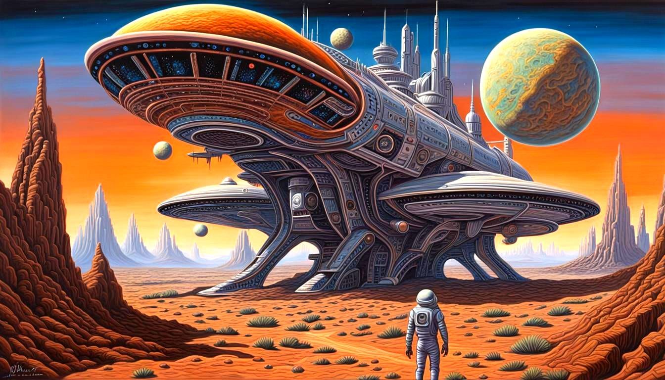 Retrofuturistic Explorer on Alien Planet in Acrylic Style