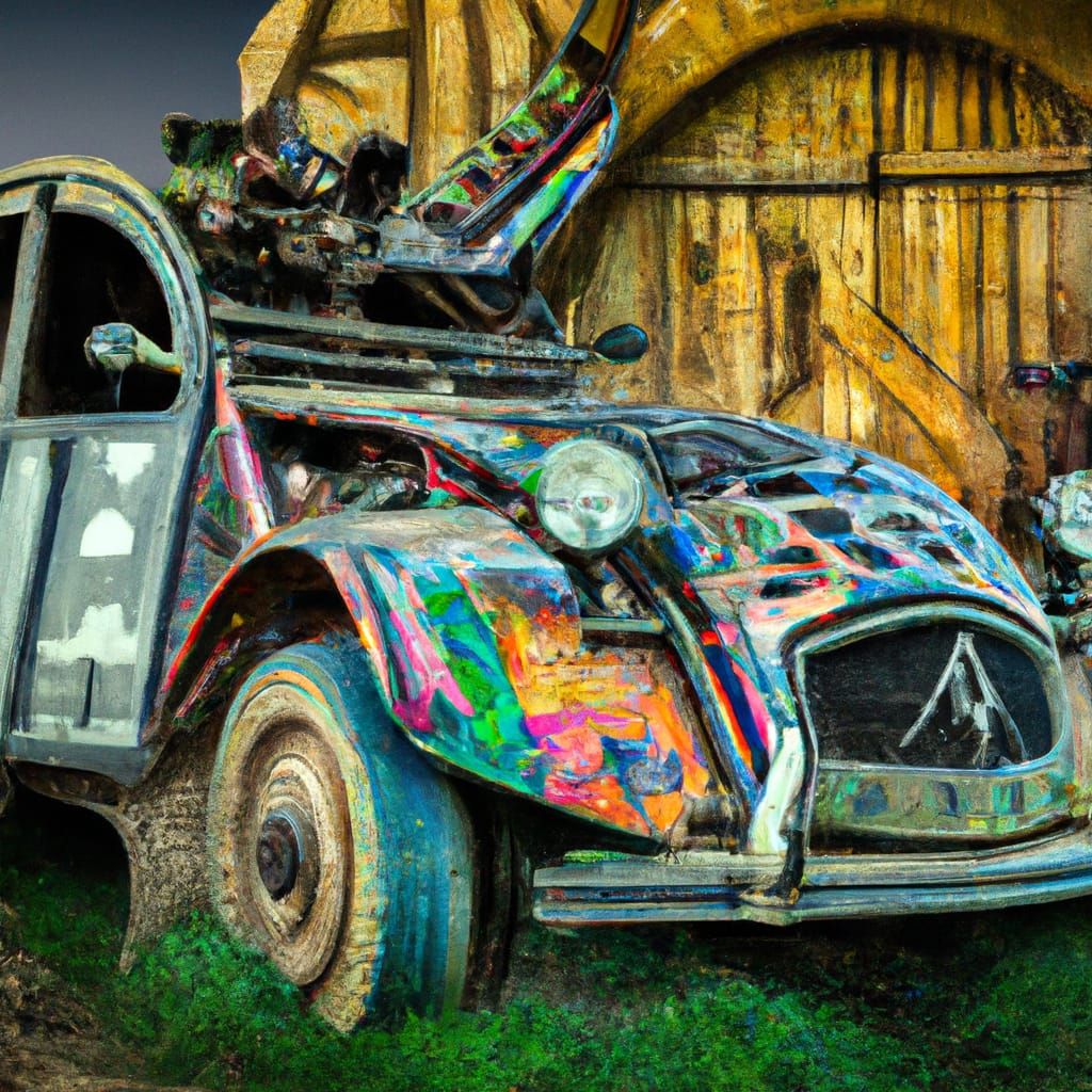 Steampunk Citroen 2CV Outside Crumbling French Barn