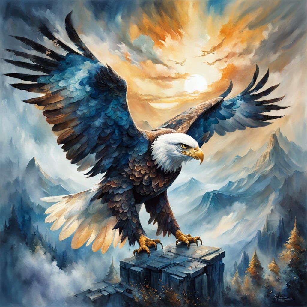 Ethereal Eagle Transforms from Dark Clouds in Golden Hour