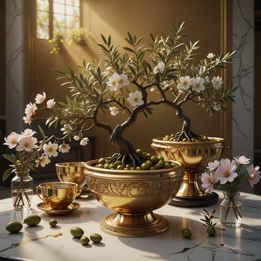 Olive Trees Pouring Oil: Surreal Erté-Style Masterpiece