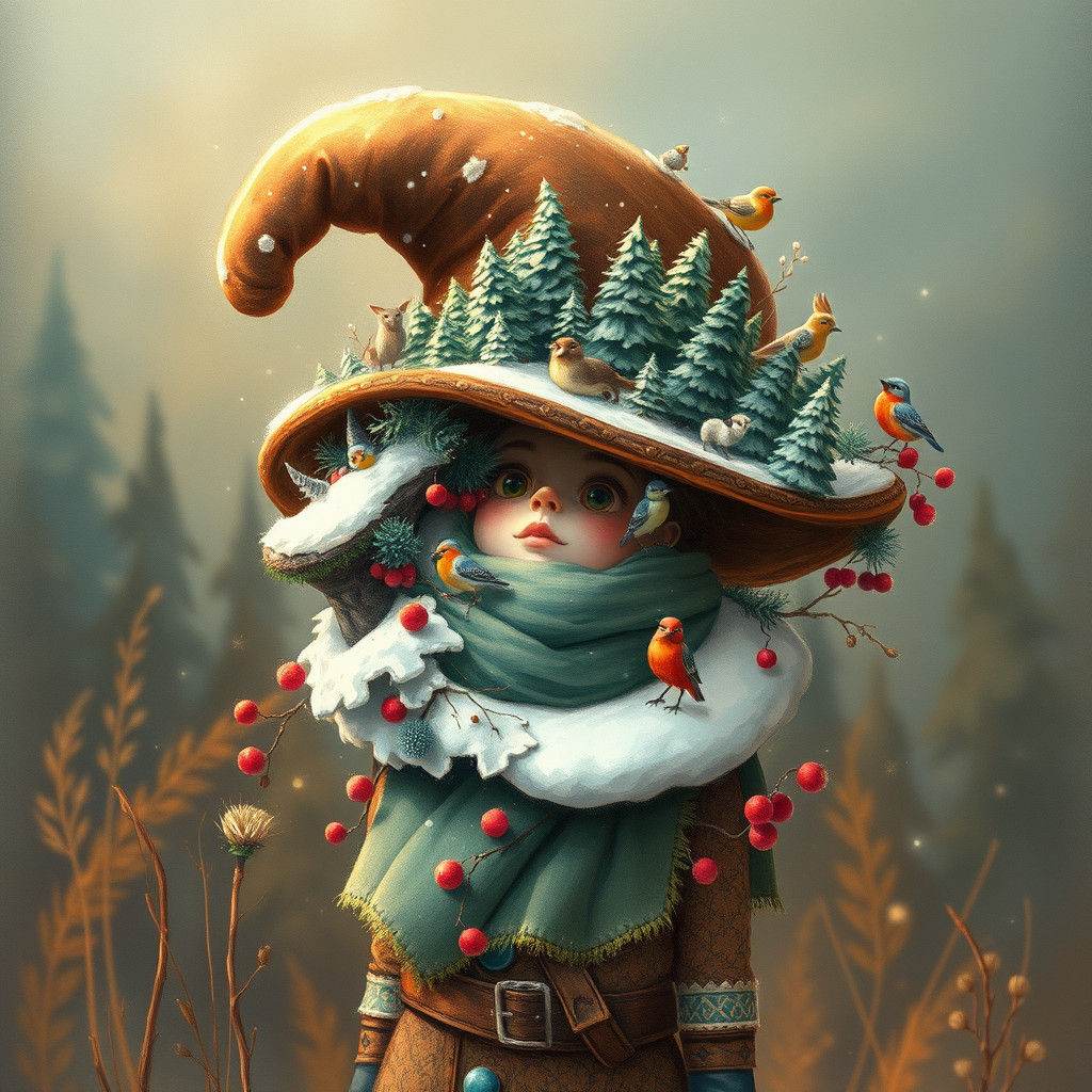 Winter Forest Diorama Hat in Whimsical Illustration