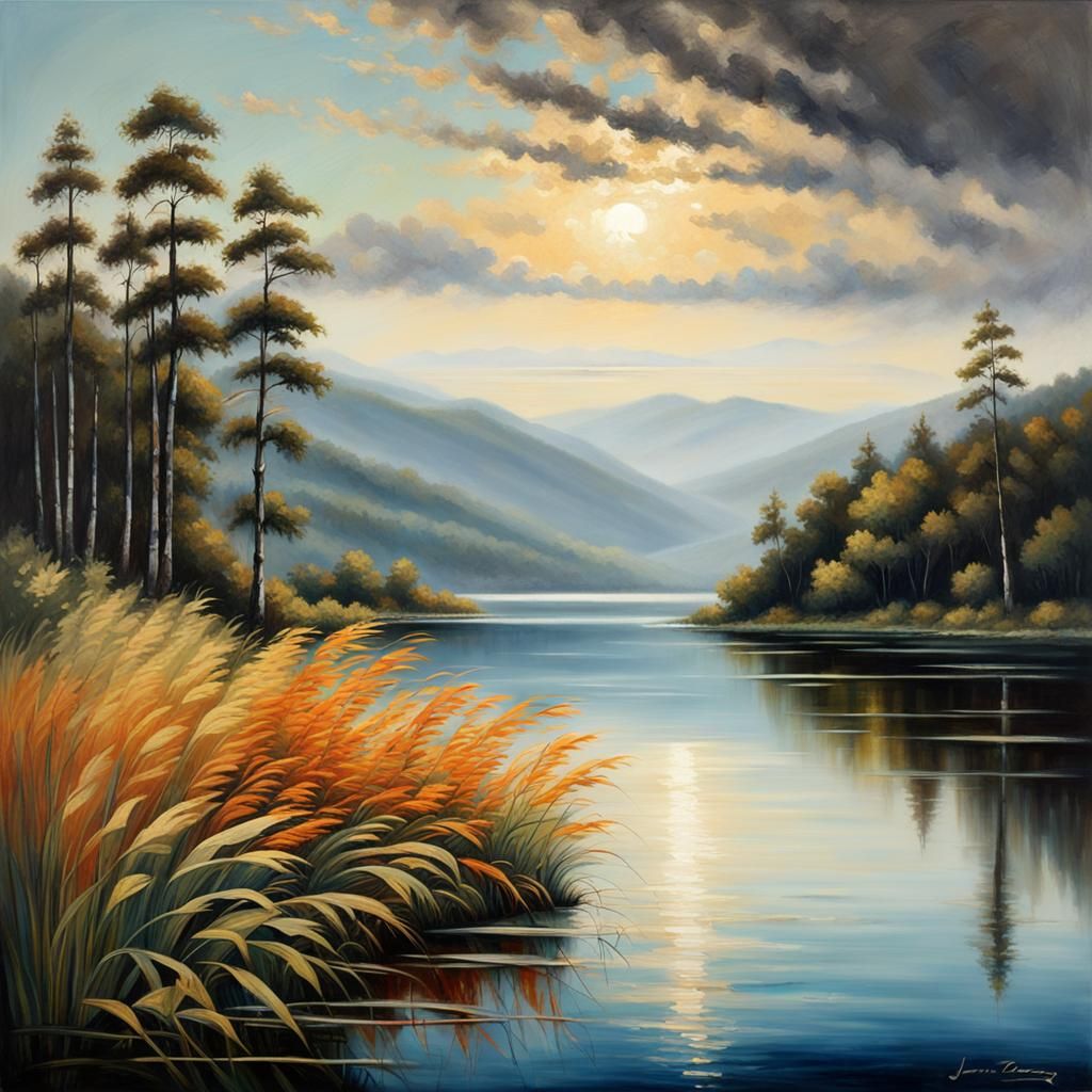 Windswept Lake with Forested Hills, as Oil Painting