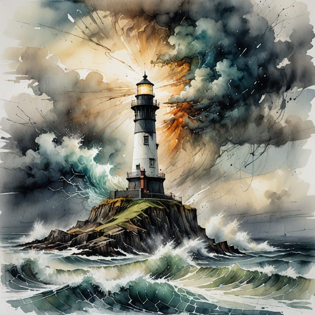 Stormbound Lighthouse Illuminates Turbulent Waves