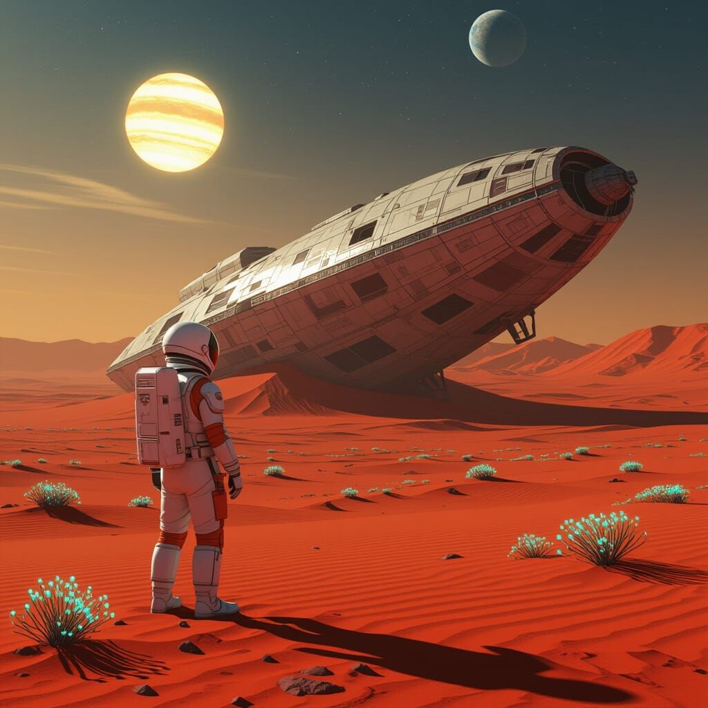 Astronaut Gazes at Derelict Spaceship on Alien World