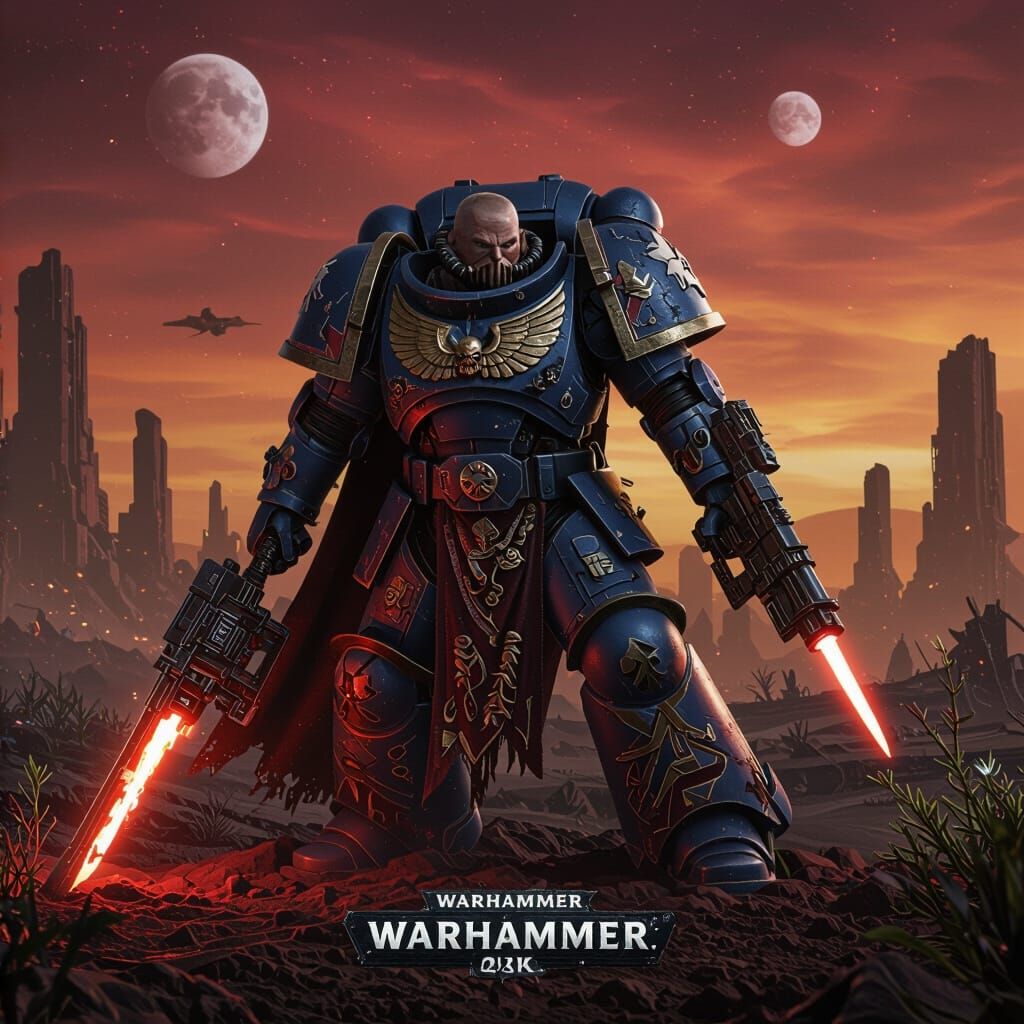 Warhammer 40k Space Marine Plants Banner Under Crimson Alien...