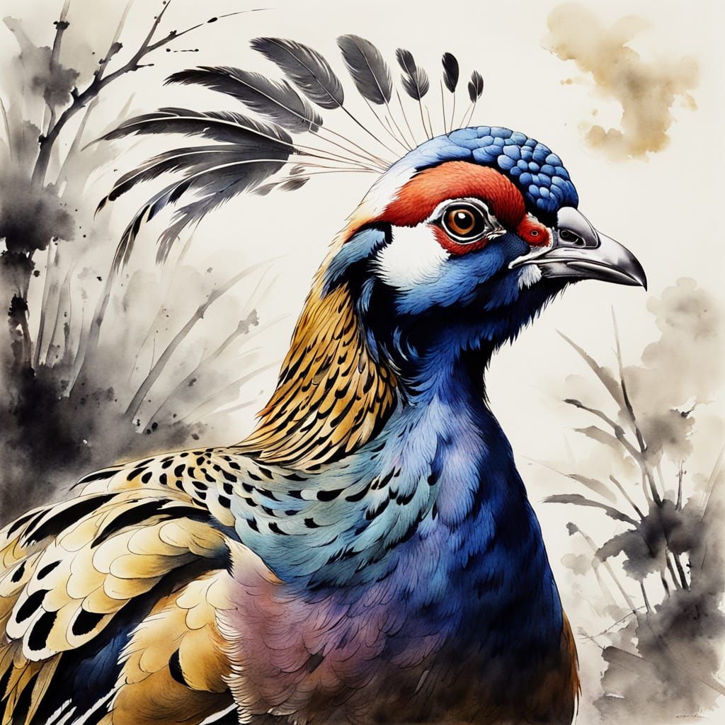 Golden Pheasant Portrait in Chinese Ink Wash Style