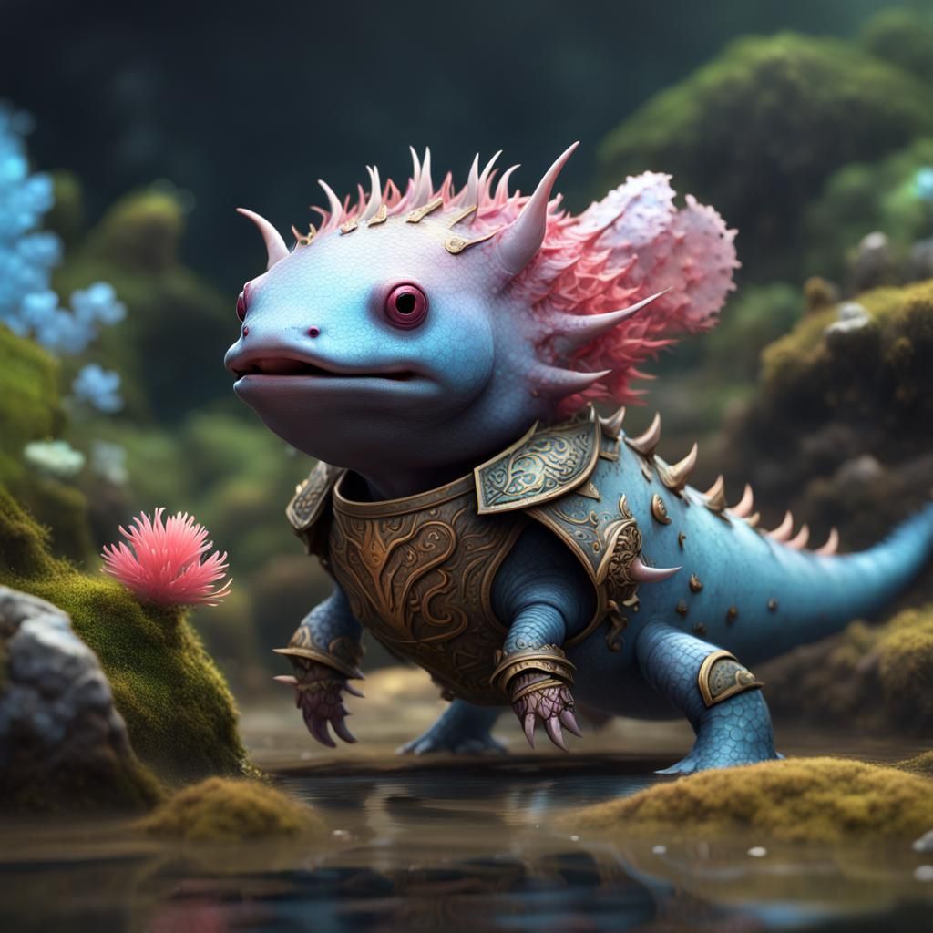 Joyful Armored Axolotl: Detailed Fantasy Concept Art