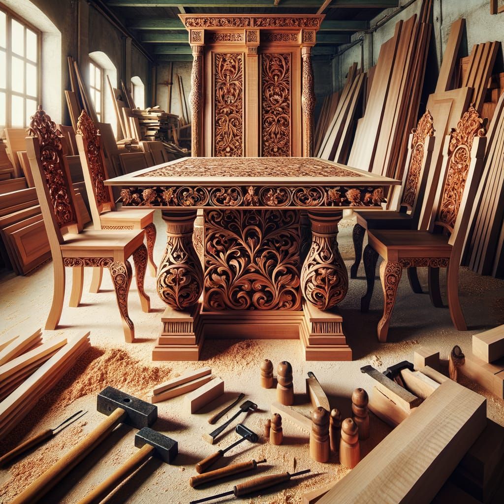 Intricate Woodworking Scene with Hardwood Table