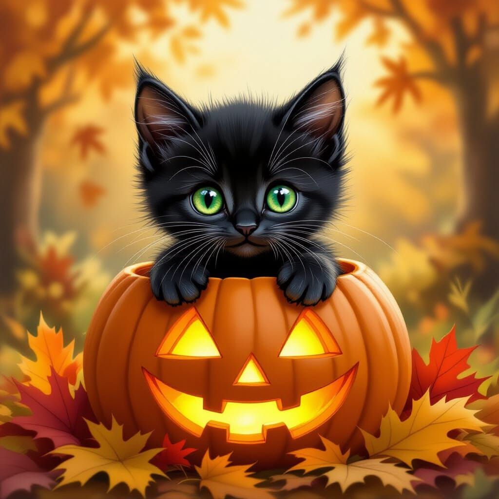 Kitten in Jack-o'-Lantern in Storybook Style