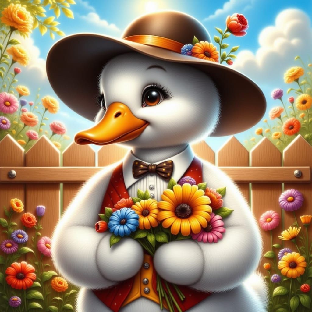 Duck in Garden: Whimsical Airbrush Portrait